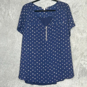 Tempted 3X Shirt Top Blue Pink Geometric Short Sleeve Zip V Neck Stretch Womens